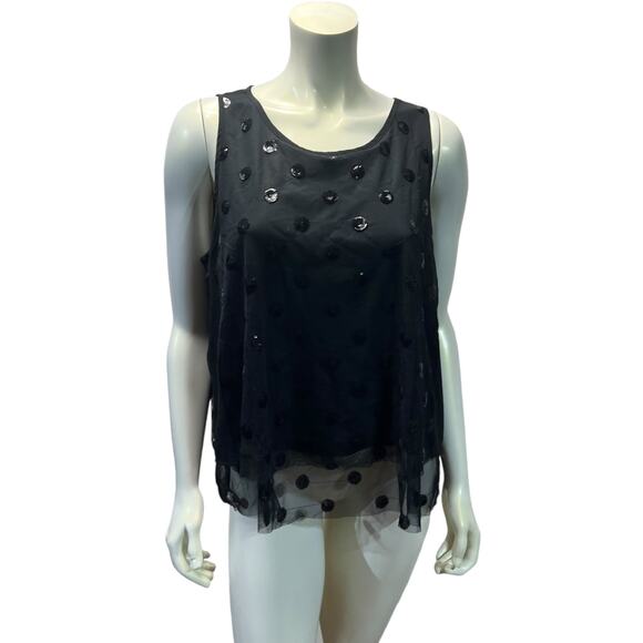 LOFT Black Sequin Polka Dot Sheer Layer Tank Top Party Evening Wear Large - Picture 2 of 14